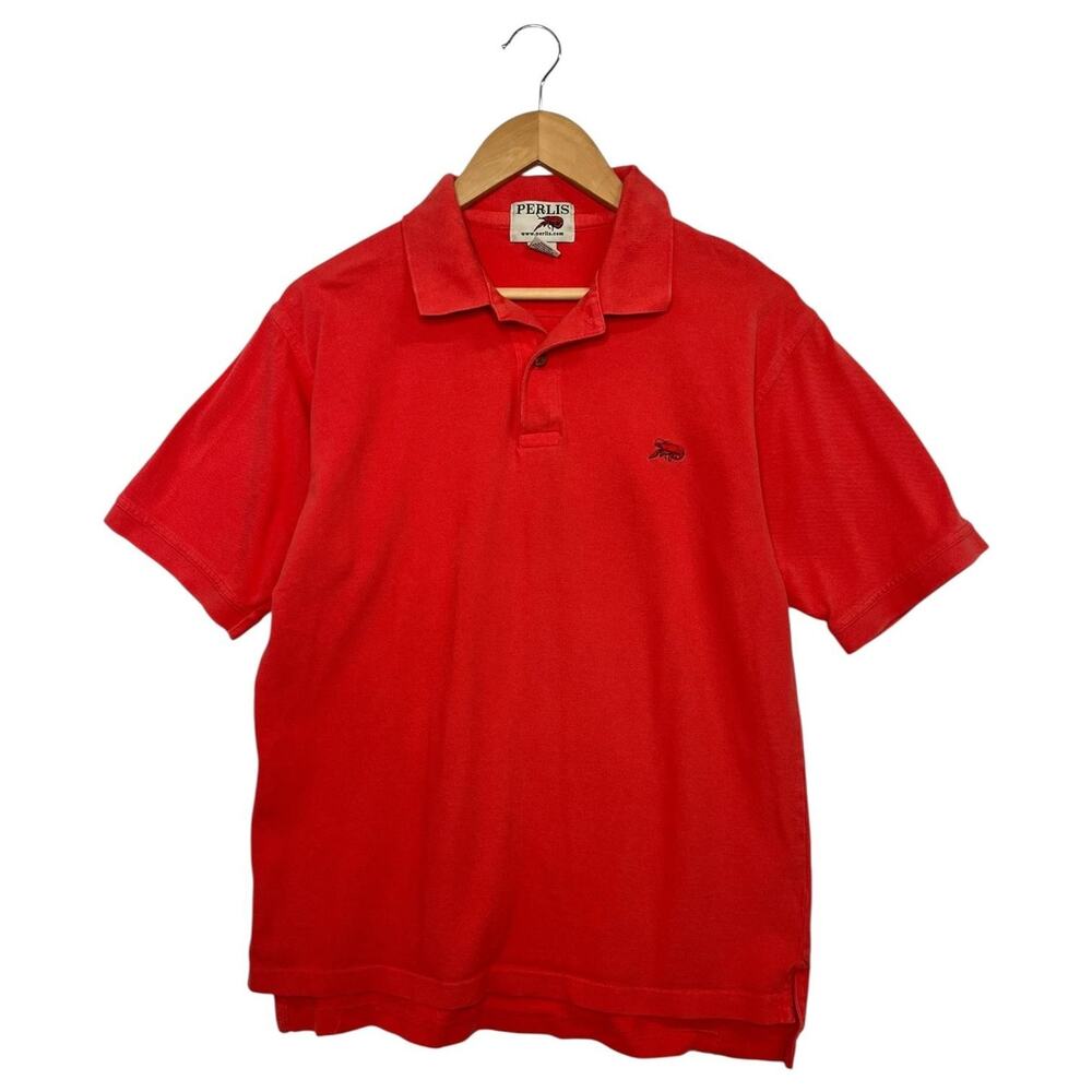 Perlis Polo Shirt Mens Medium Orange Coral Crawfish Logo Pique Classic Preppy